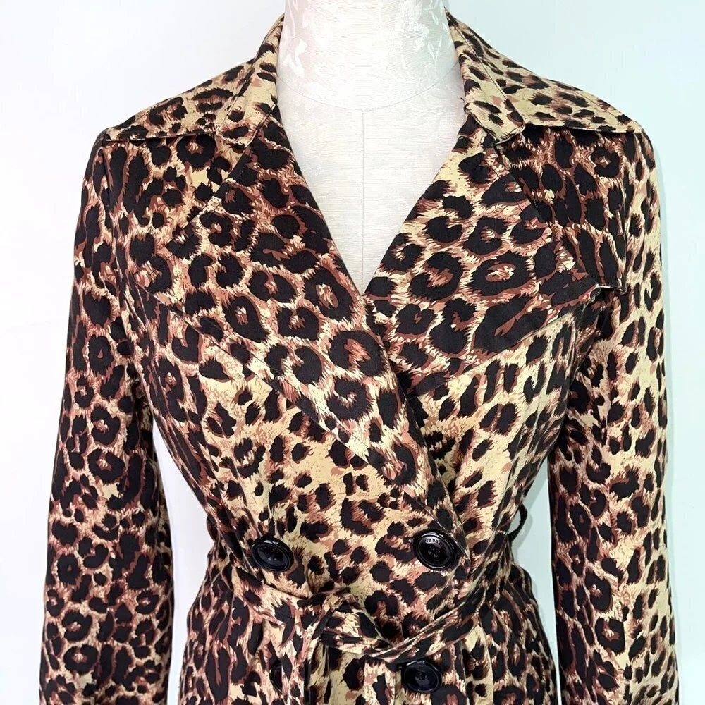 Vertigo Womens Trench Coat Size Small Animal Print Belted Lightweight Button Up - Picture 12 of 12